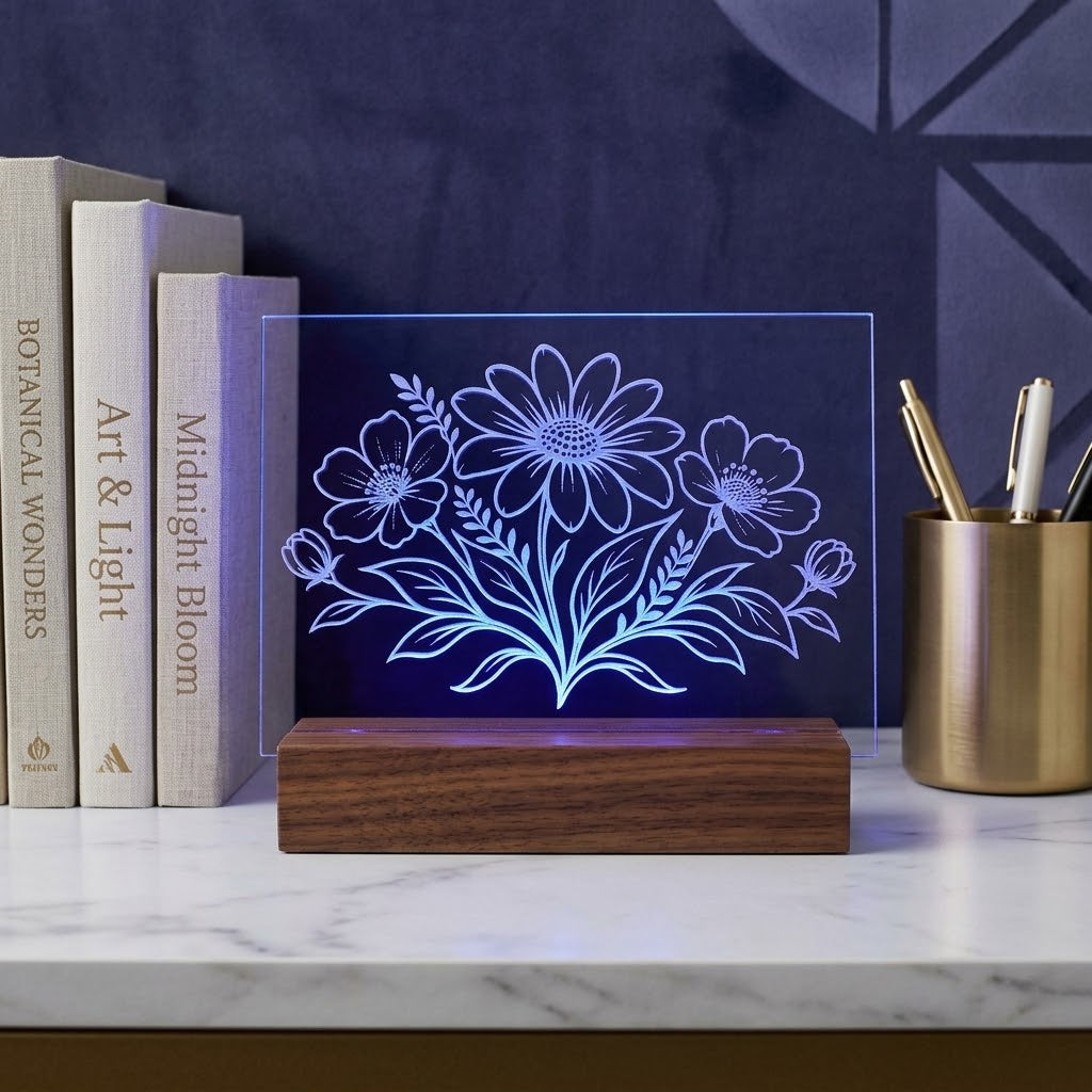 Acrylgravur Blumen mit blauer LED-Lichtsäule