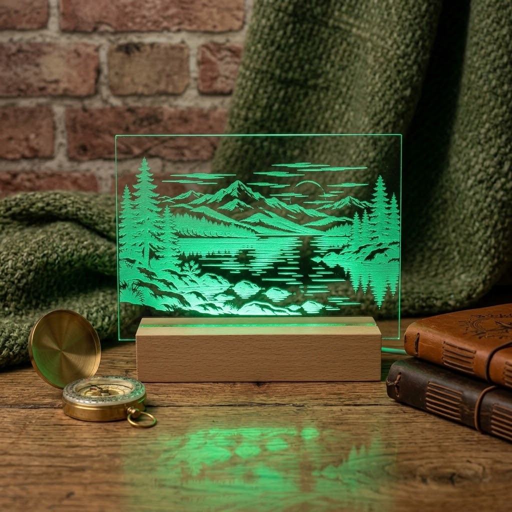 Acrylgravur Landschaft mit grüner LED-Lichtsäule