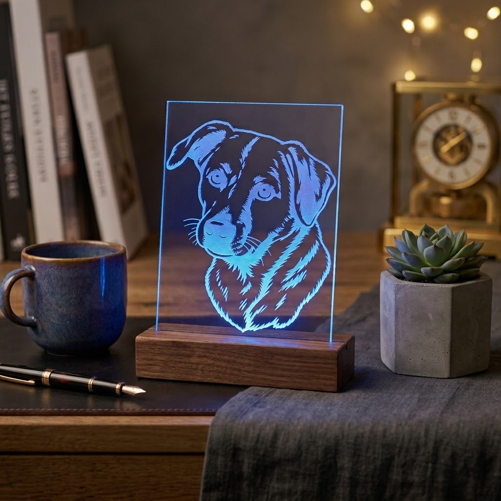 Acrylgravur Hund Portrait mit blauer LED-Lichtsäule