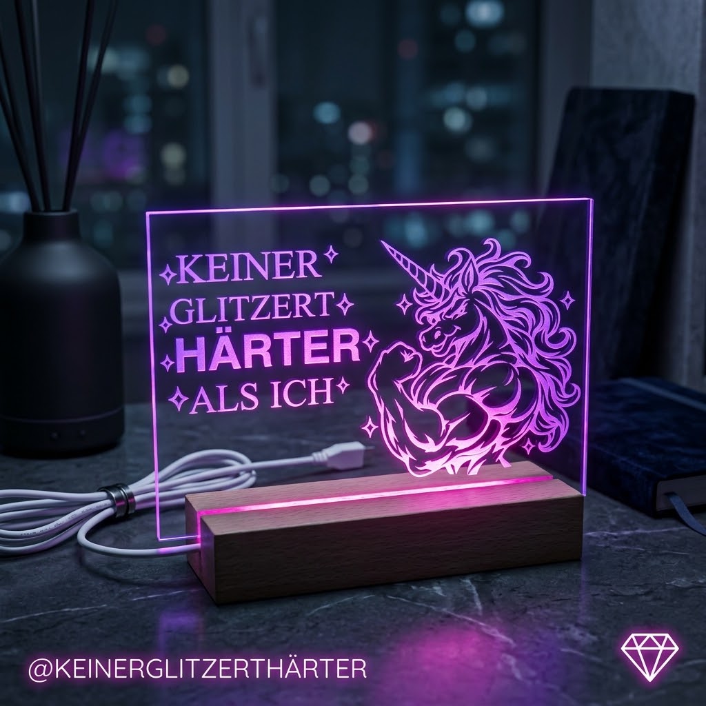 Acrylgravur Einhorn mit pinker LED-Lichtsäule